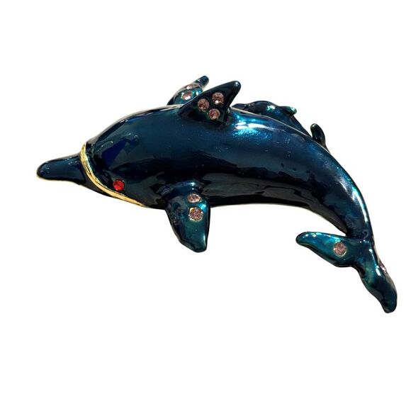 Ocean Marine Dolphin Mom and Baby Jeweled Enameled Trinket Box - Picture 2 of 8